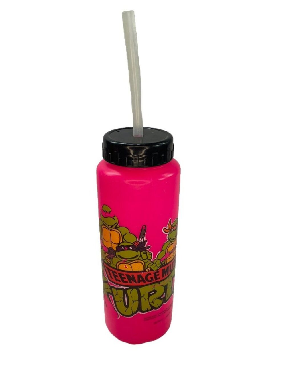 Vintage TMNT 1988 Teenage Mutant Ninja Turtles PINK Water Bottle w Straw